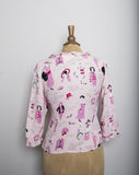 AMAZING 1990's-Y2K Pink 3/4 ruffled sleeve silk top with a French fashion girls novelty print