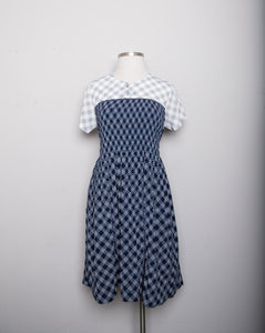 Navy & White plaid short sleeve midi dress with smocking bodice