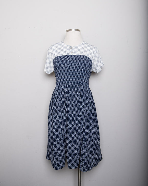 Navy & White plaid short sleeve midi dress with smocking bodice