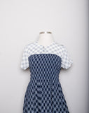 Navy & White plaid short sleeve midi dress with smocking bodice