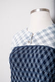 Navy & White plaid short sleeve midi dress with smocking bodice