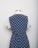 Navy & White plaid short sleeve midi dress with smocking bodice