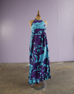 1970's Hawaiian Blue & Purple floral halter dress.