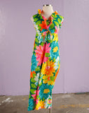 1960's Green, Pink & Yellow Hawaiian Psychedelic Floral tiki Maxi Dress