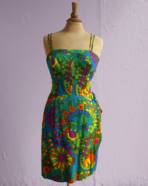 1960's Hawaiian Sport Shop Green tropical floral faux Sarong dress.