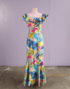 1950's Absolutely beautiful Hawaiian watercolor floral print dress with mermaid skirt.