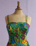 1960's Hawaiian Sport Shop Green tropical floral faux Sarong dress.