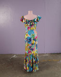 1950's Absolutely beautiful Hawaiian watercolor floral print dress with mermaid skirt.