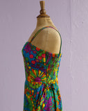 1960's Hawaiian Sport Shop Green tropical floral faux Sarong dress.