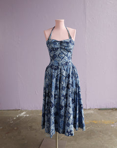 1950's Kahala Blue Hawaiian floral batik print halter dress with smocking