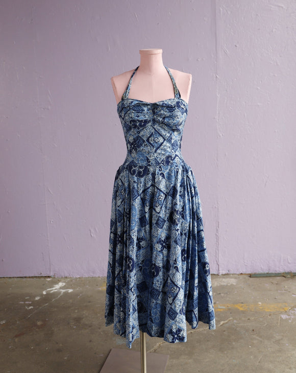 1950's Kahala Blue Hawaiian floral batik print halter dress with smock – Vida Antigua Collective 1950's Kahala Blue Hawaiian floral batik print halter dress with smock – Vida Antigua Collective