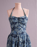 1950's Kahala Blue Hawaiian floral batik print halter dress with smocking