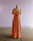 1970's Pink empire waist Hawaiian water color floral jersey maxi dress