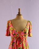 1970's Pink empire waist Hawaiian water color floral jersey maxi dress