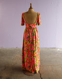 1970's Pink empire waist Hawaiian water color floral jersey maxi dress