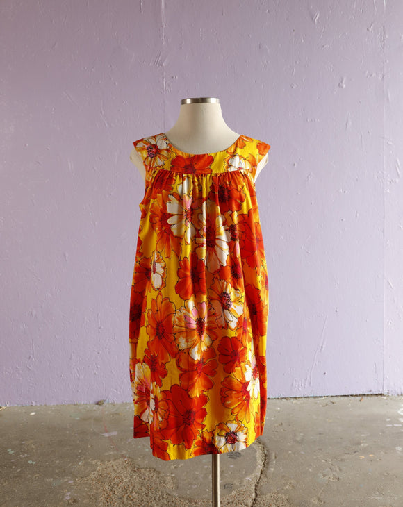 1970's Orange & Yellow Hawaiian floral tent dress