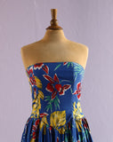 1980's Blue tropical floral strapless tea length dress with scalloped  waist.