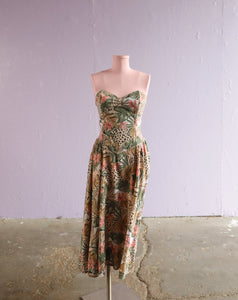 1980's Taupe & Blush pink strapless tropical leopard and lily print dress