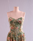 1980's Taupe & Blush pink strapless tropical leopard and lily print dress