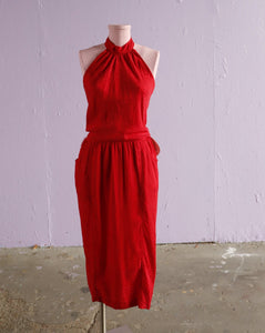 1980's Red silk high neckline dress