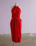 1980's Red silk high neckline dress