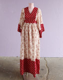 1970's Burgundy & white bell sleeve maxi dress