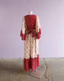 1970's Burgundy & white bell sleeve maxi dress