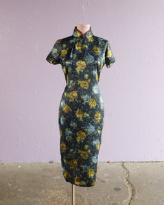 Blue & Yellow floral satin cheongsam dress