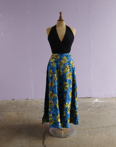 1950's Blue tropical hibiscus watercolor floral on diamond weave maxi skirt.