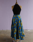 1950's Blue tropical hibiscus watercolor floral on diamond weave maxi skirt.