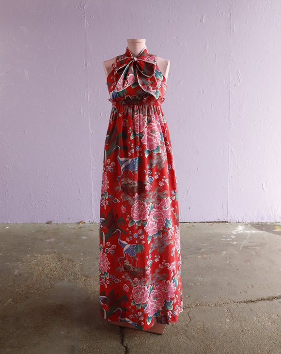 1970's Red empire waist maxi dress with pussy bow & asian florals with cranes