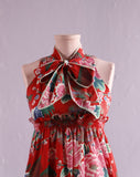 1970's Red empire waist maxi dress with pussy bow & asian florals with cranes