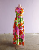 1970's White Hawaiian floral halter maxi dress