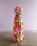 1970's White Hawaiian floral halter maxi dress