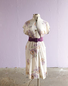 1980's White & purple dress mandarin collar and wrap bodice.