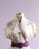 1980's White & purple dress mandarin collar and wrap bodice.