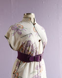 1980's White & purple dress mandarin collar and wrap bodice.