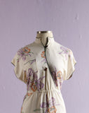 1980's White & purple dress mandarin collar and wrap bodice.