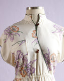 1980's White & purple dress mandarin collar and wrap bodice.