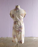 1980's White & purple dress mandarin collar and wrap bodice.