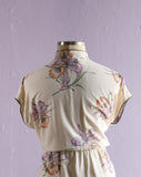 1980's White & purple dress mandarin collar and wrap bodice.